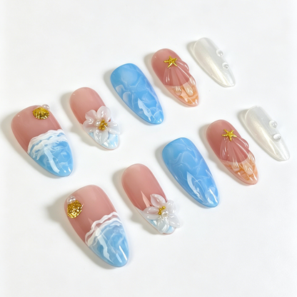 Ocean Wave Beach Press On Nails, Medium Almond Nude Blue 3D Flower Starfish Shell Pearl Fake Nail Set