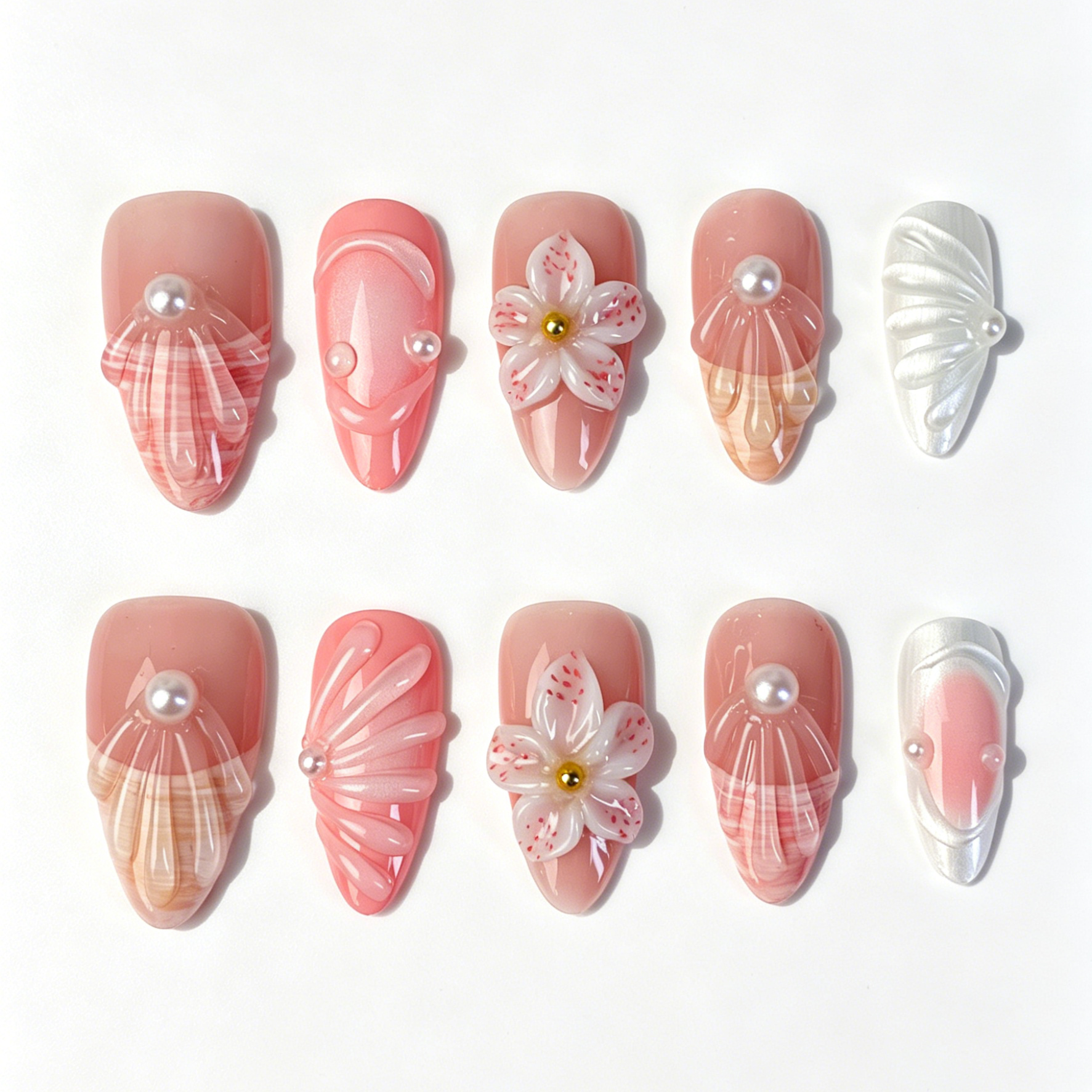 Medium Almond Press On Nails, Handmade 3D Cherry Blossom Fake Nails, Nude Pink Shell Pearl Gentle Spring Nail Art Set