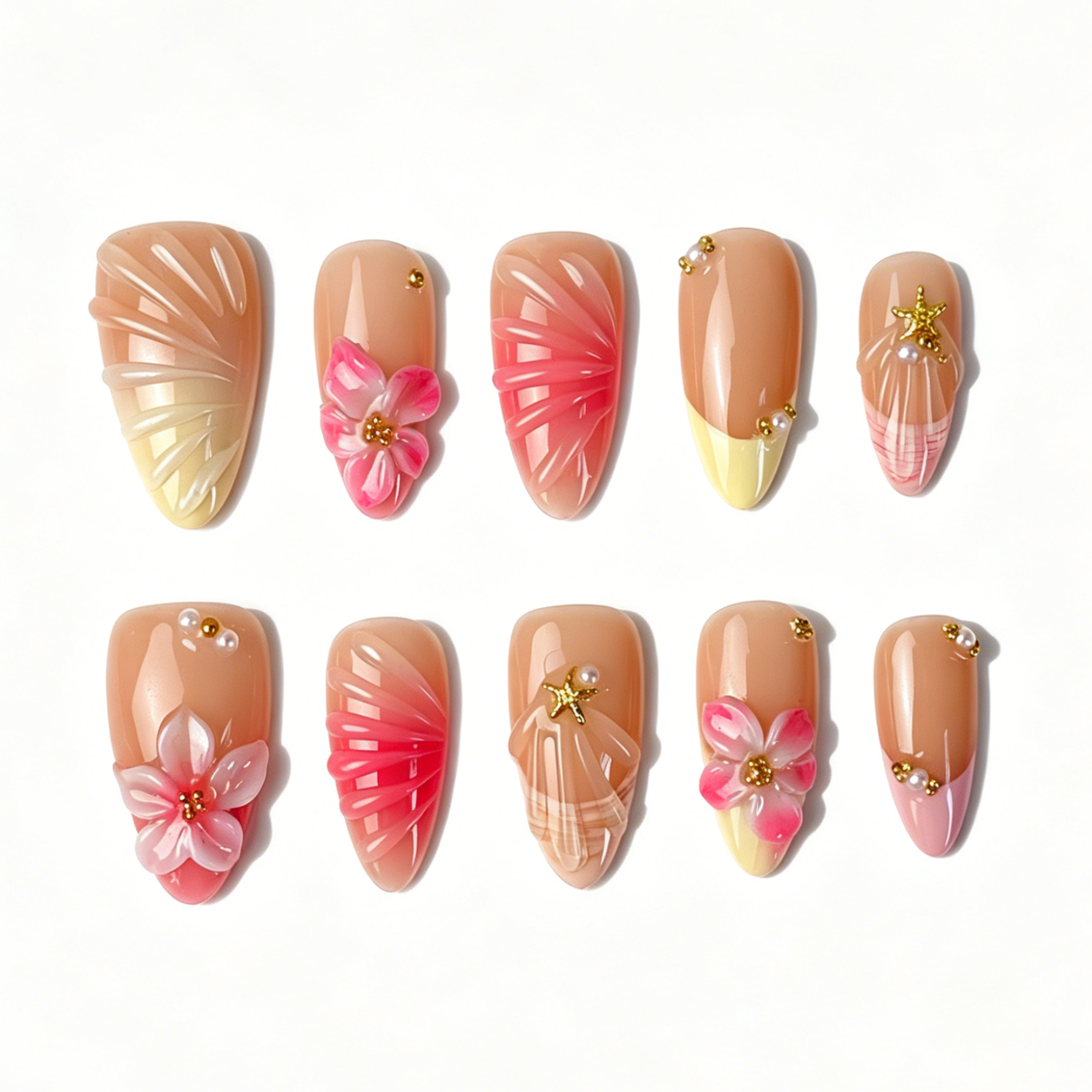 Medium Almond Press On Nails, Nude 3D Pink Floral Starfish Pearl Fake Nail Set