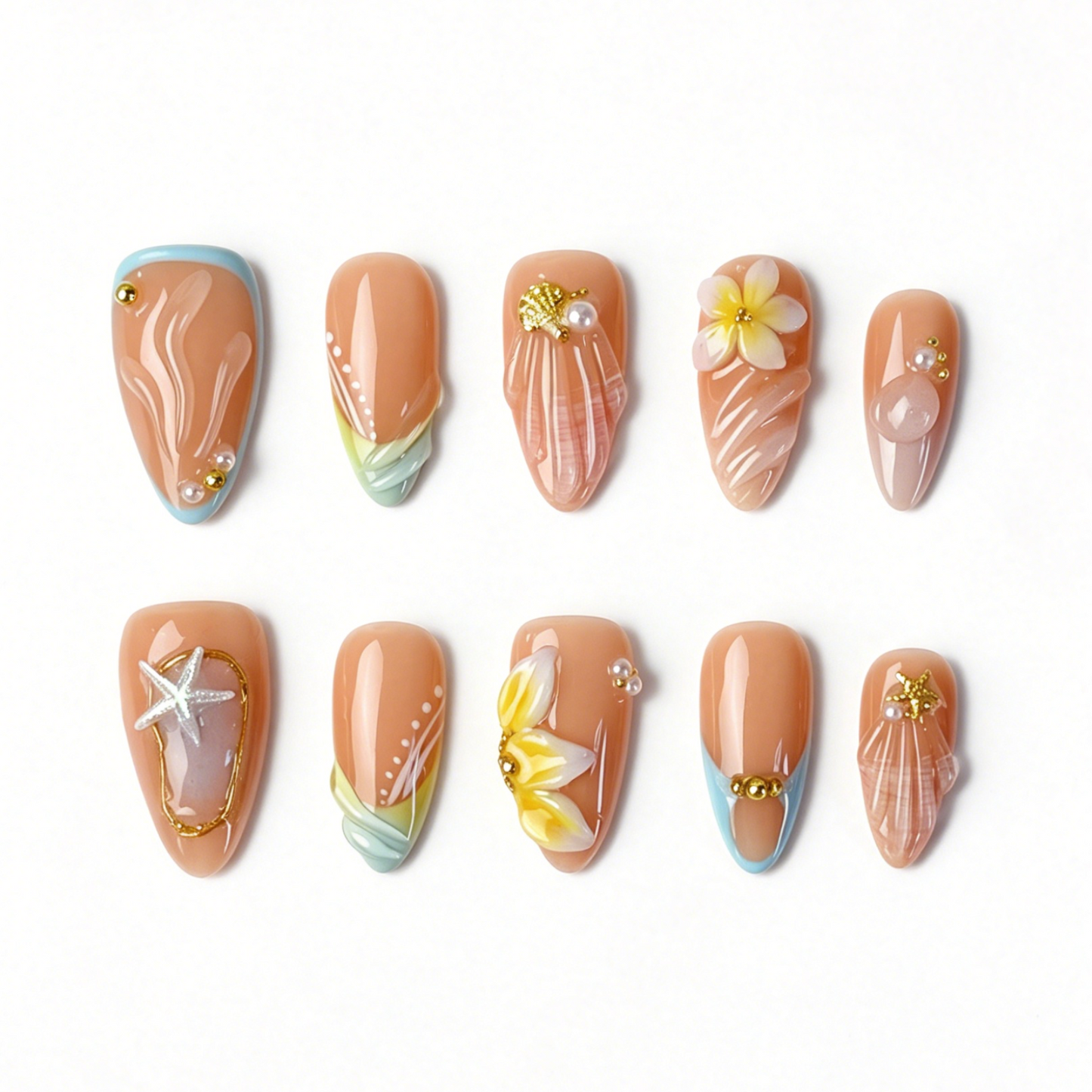 Medium Almond Press On Nails, Summer Beach 3D Plumeria Starfish Shell Pearl Fake Nail Set