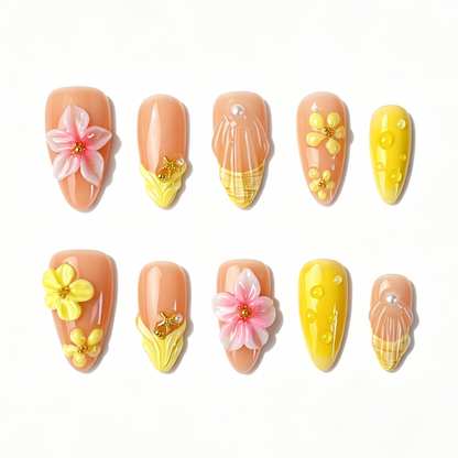Medium Almond Press On Nails, Summer 3D Pink Yellow Floral Pearl Fake Nail Set