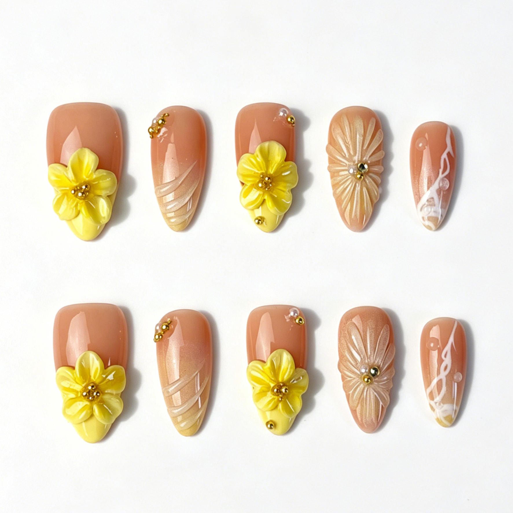 Medium Almond Press On Nails, Nude Yellow 3D Floral Gold Bead Fake Nail Set