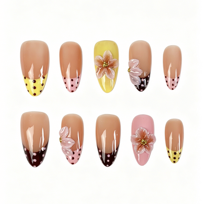 Medium Almond Press On Nails, Pastel Polka Dot 3D Pink Floral Fake Nail Set