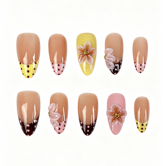 Medium Almond Press On Nails, Pastel Polka Dot 3D Pink Floral Fake Nail Set