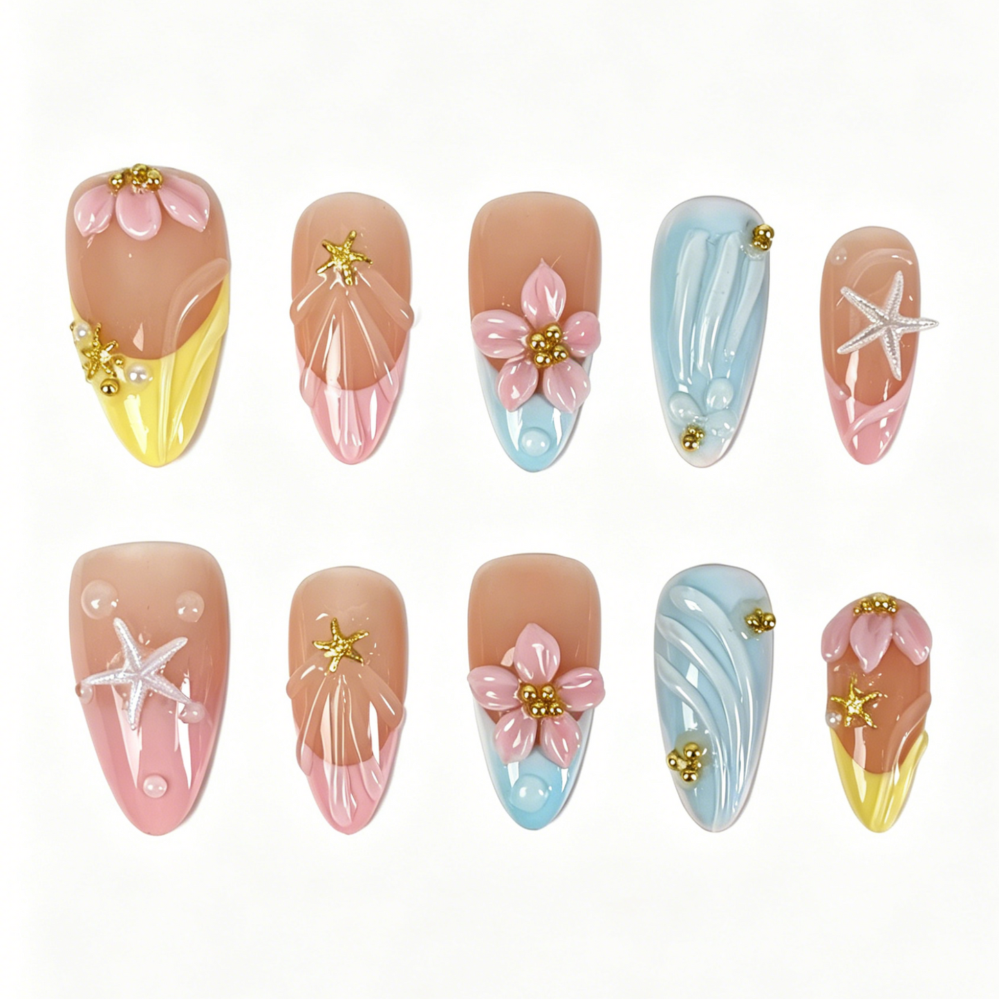 Medium Almond Press On Nails, Summer Beach 3D Flower Starfish Pearl Fake Nail Set