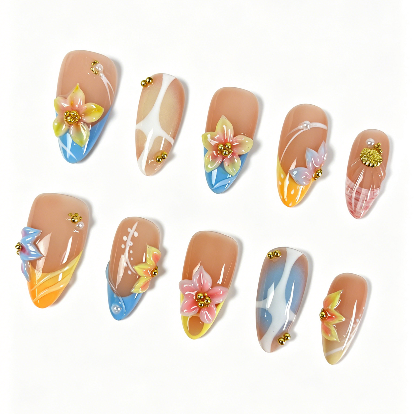 Glossy Medium Almond Tropical Summer False Nails Sunset Floral Seashell Ornaments