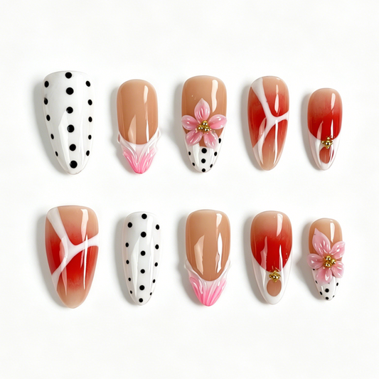 Medium Almond Press On Nails, Red Gradient 3D Pink Floral Polka Dot Fake Nail Set