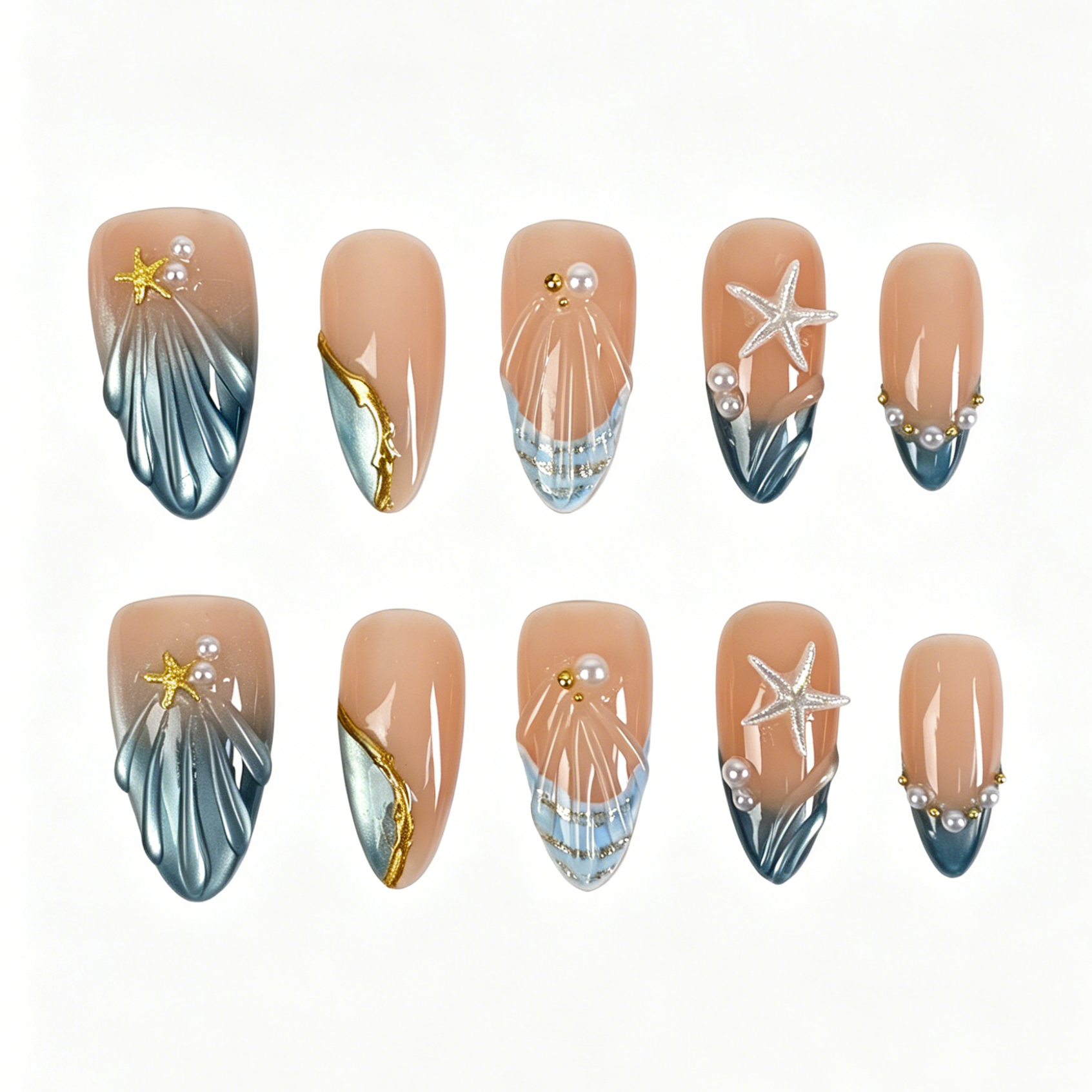 Handmade Mermaid Tide Medium Almond Press On Nails Metallic Teal Seashell Starfish Set