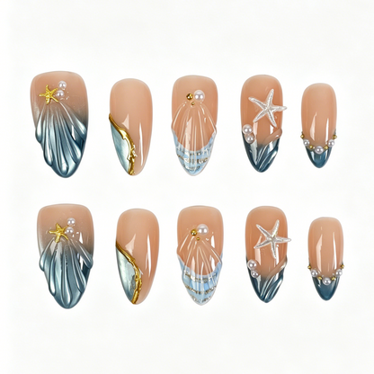 Handmade Mermaid Tide Medium Almond Press On Nails Metallic Teal Seashell Starfish Set