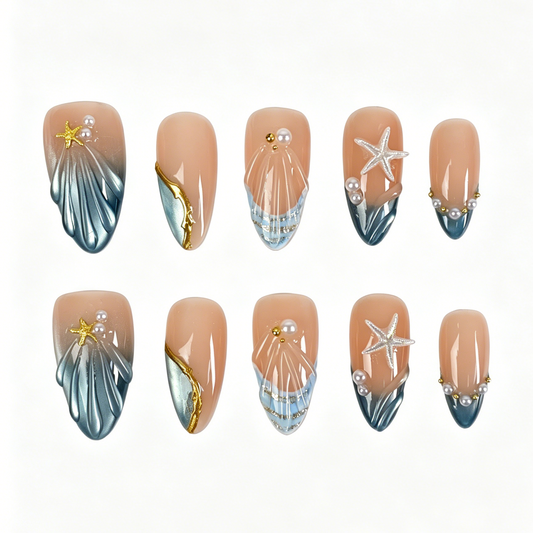 Handmade Mermaid Tide Medium Almond Press On Nails Metallic Teal Seashell Starfish Set
