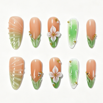 Long Almond Press On Nails, Peach Green Gradient 3D White Flower Water Drop Gold Bead Fake Nail Set