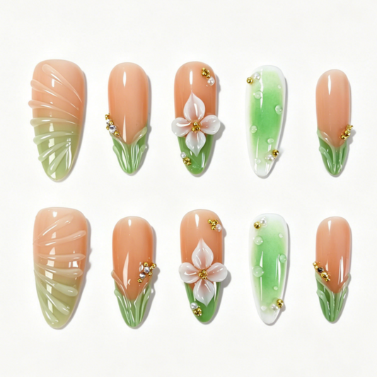 Long Almond Press On Nails, Peach Green Gradient 3D White Flower Water Drop Gold Bead Fake Nail Set