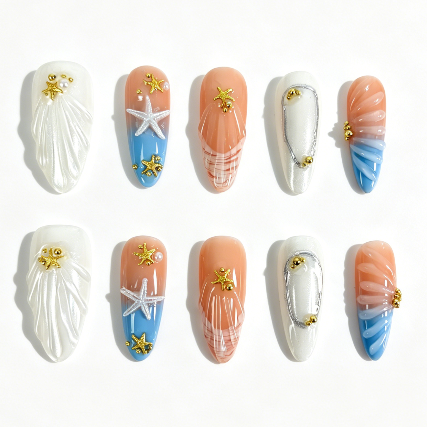 Long Almond Press On Nails, Summer Beach 3D Starfish Shell Wave Gradient Fake Nail Set