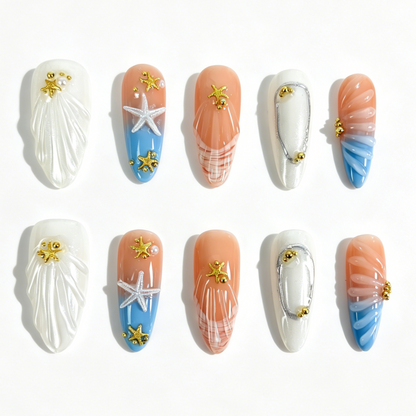 Long Almond Press On Nails, Summer Beach 3D Starfish Shell Wave Gradient Fake Nail Set
