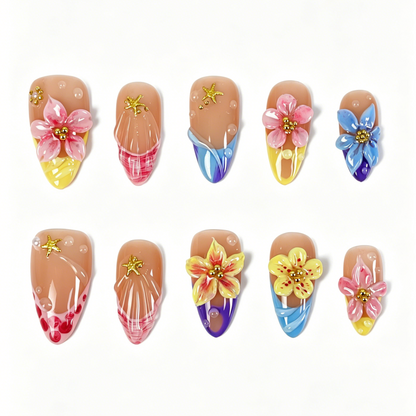 Medium Almond Press On Nails, Summer Tropical 3D Multicolor Floral Starfish Water Drop Fake Nail Set