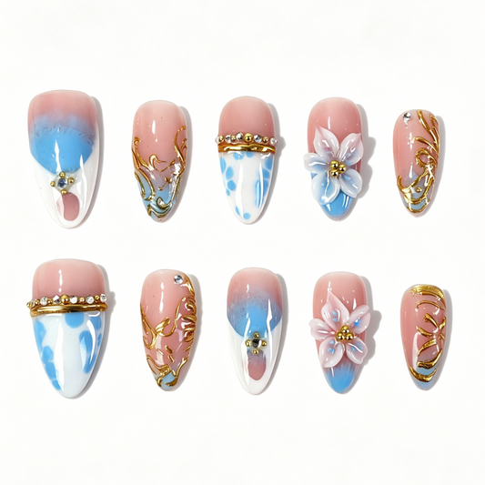 Medium Almond Press On Nails, Pink Blue Gradient 3D Floral Gold Line Rhinestone Fake Nail Set