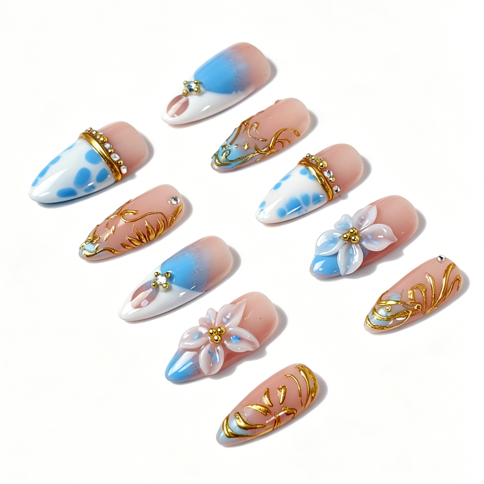 Soft Pastel Gradient Press On Nails, Nude Pink Blue 3D Flower Gold Swirl Nails on Hand