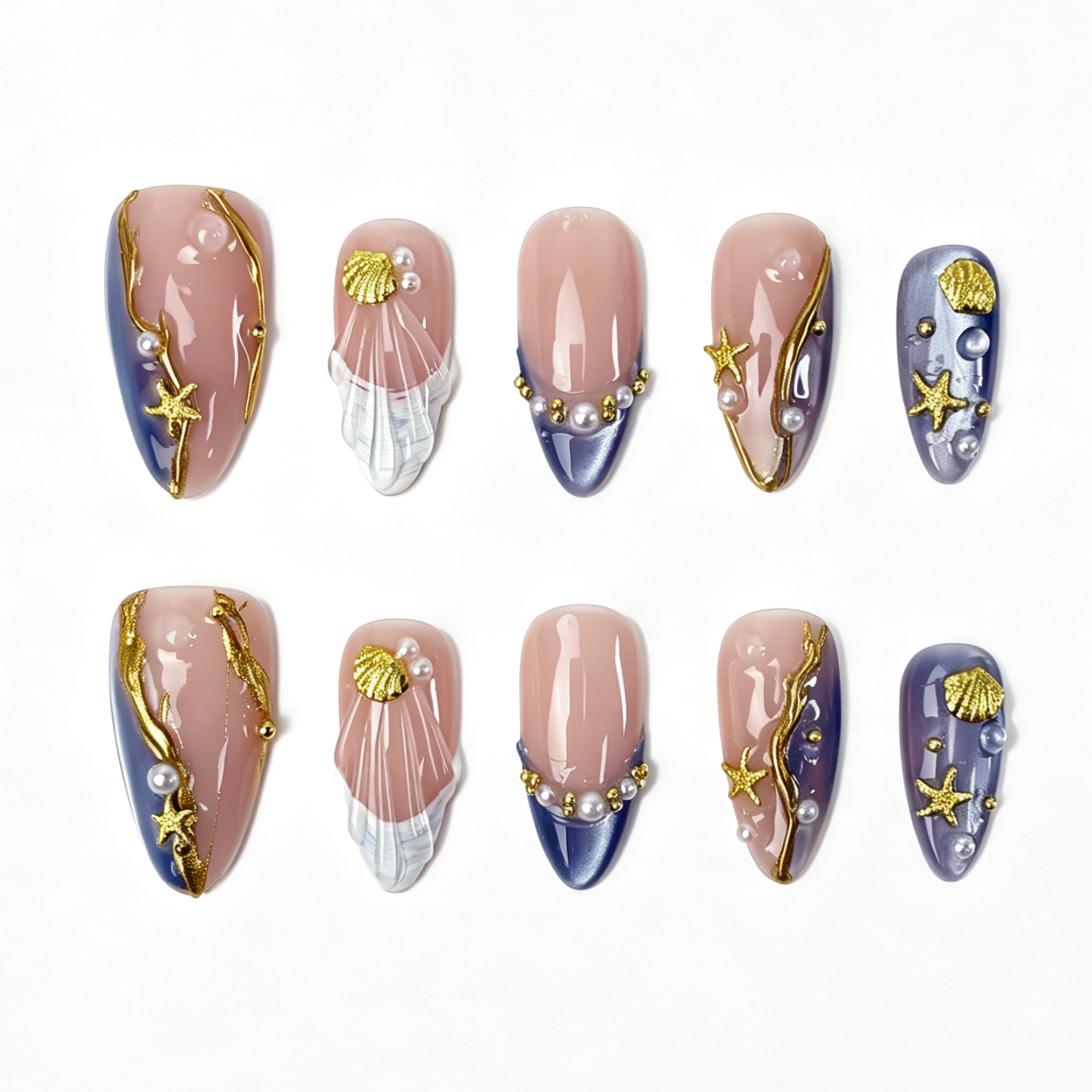 Medium Almond Press On Nails, Blue Purple Cat Eye Gold Wire Starfish Shell Pearl Ocean Fake Nail Set