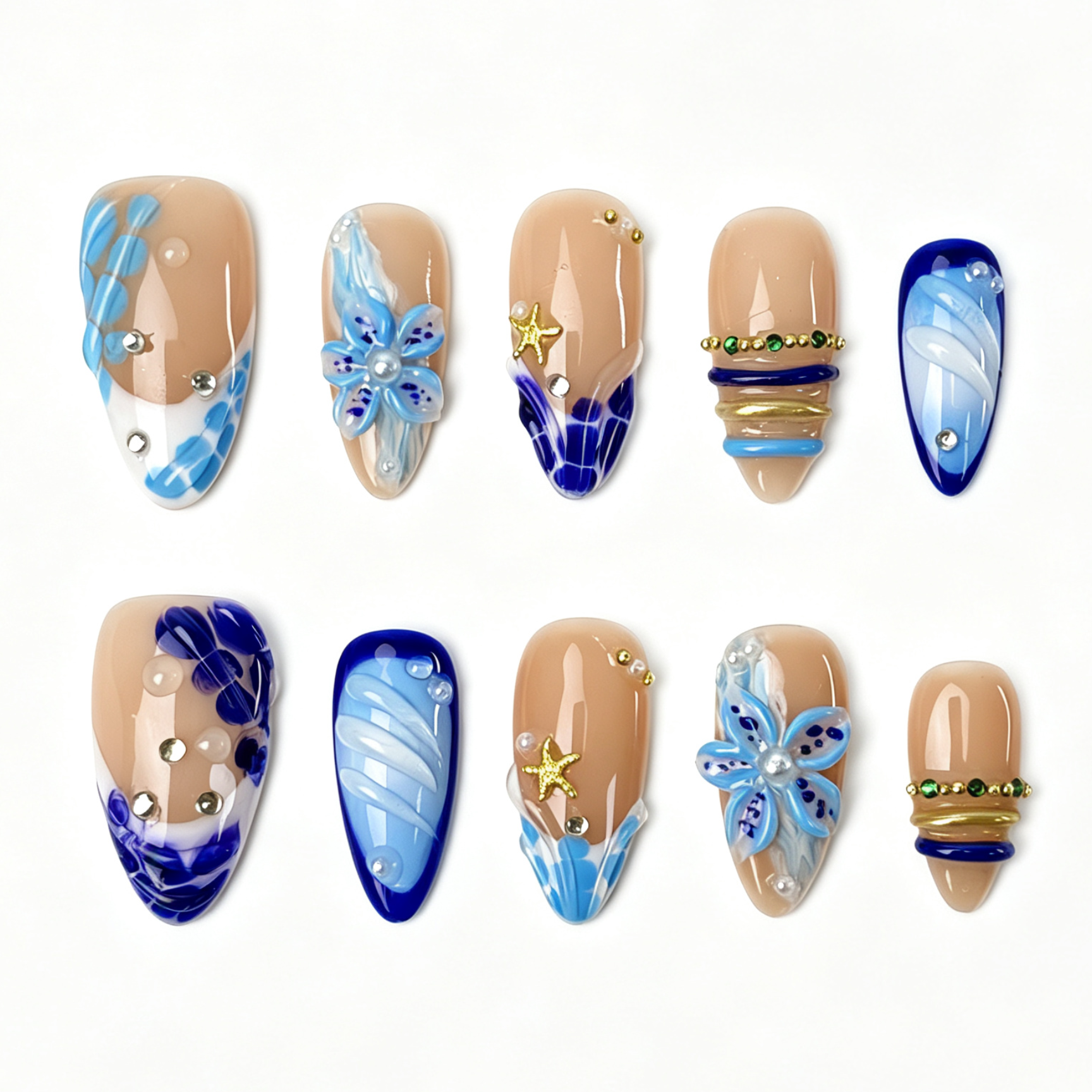 Medium Almond Press On Nails, Blue Ocean 3D Floral Starfish Rhinestone Wave Fake Nail Set