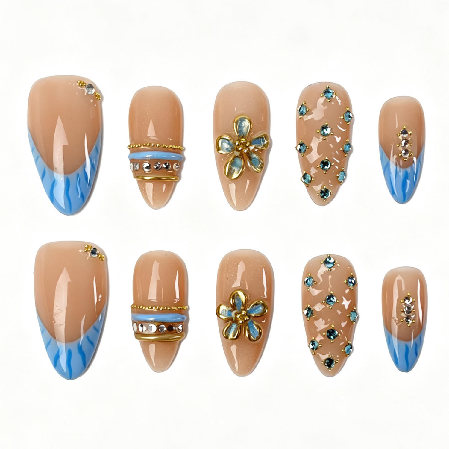 Medium Almond Press On Nails, Blue Wave French 3D Floral Blue Rhinestone Gold Line Fake Nail Set