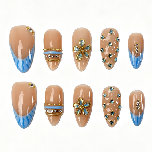 Medium Almond Press On Nails, Blue Wave French 3D Floral Blue Rhinestone Gold Line Fake Nail Set