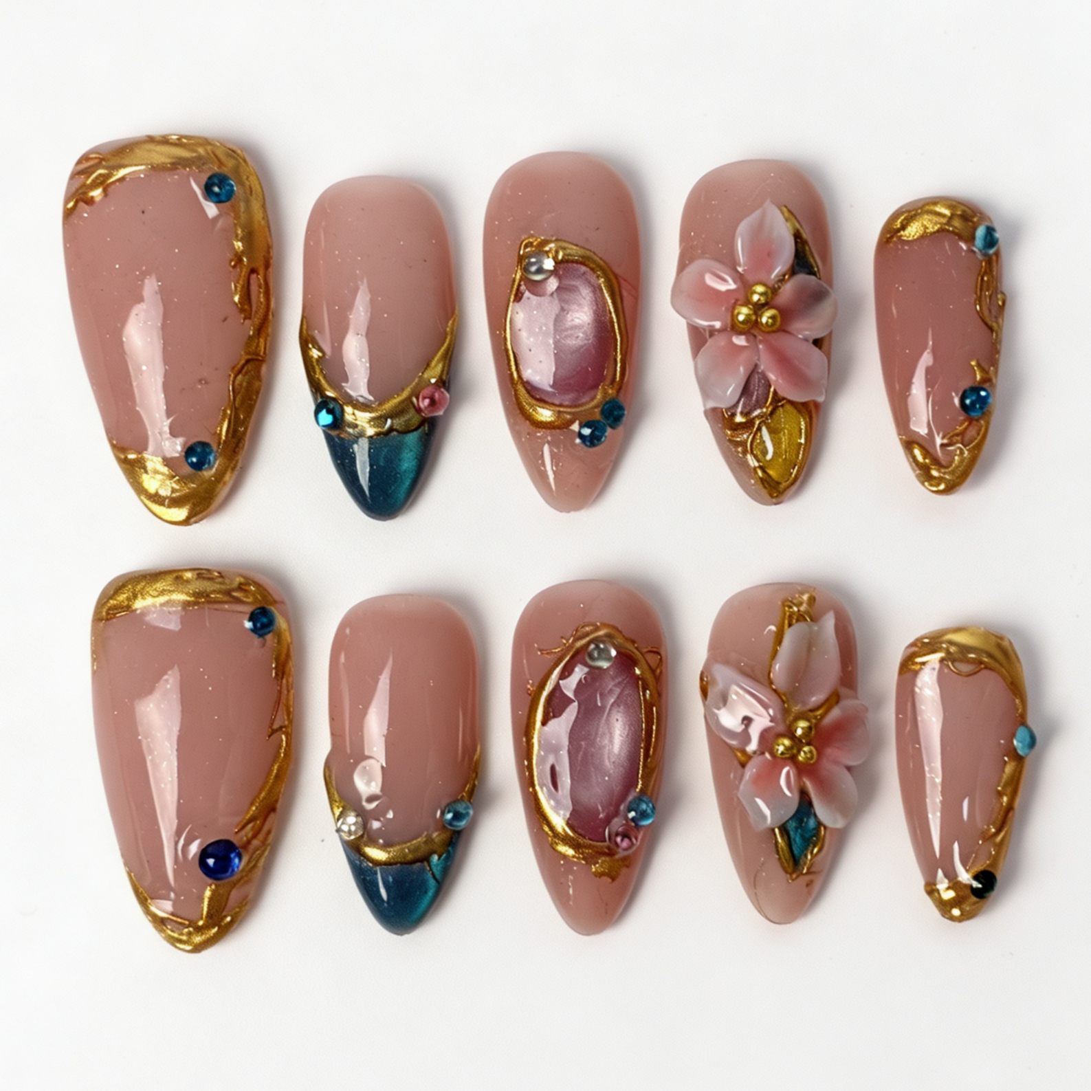 Teal Gilded medium almond press on nails, nude jade teal cat eye french tip, gilded frame, translucent pink flower and mixed rhinestone decor