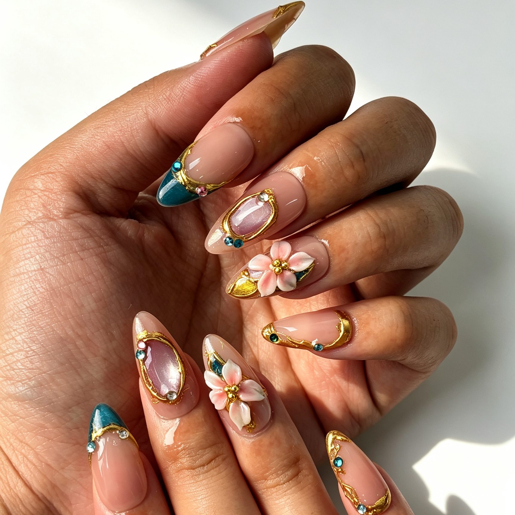 Teal Gilded jade teal cat eye almond press on nails worn on hand, gilded floral design for office and spring dating manicure