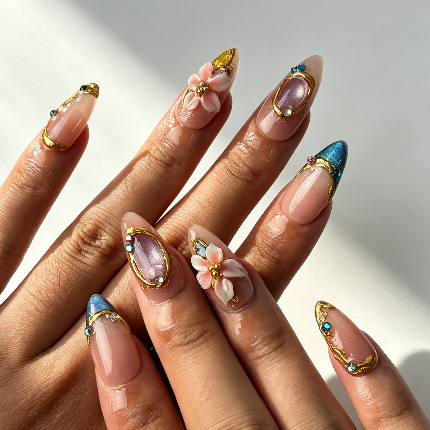 Teal Gilded jade teal cat eye almond press on nails worn on hand, gilded floral elegant office & spring dating nail art