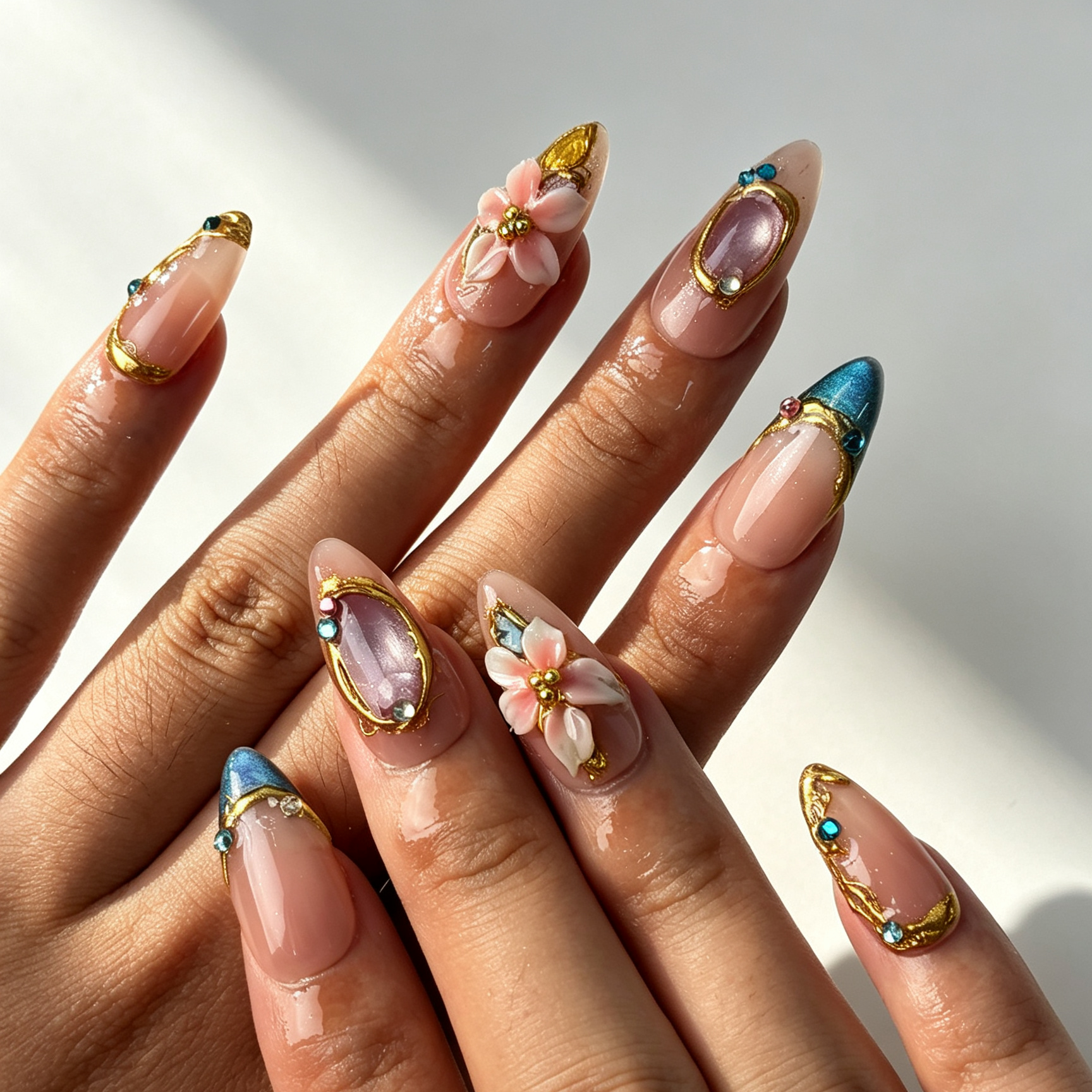 Teal Gilded jade teal cat eye almond press on nails worn on hand, gilded floral elegant office & spring dating nail art