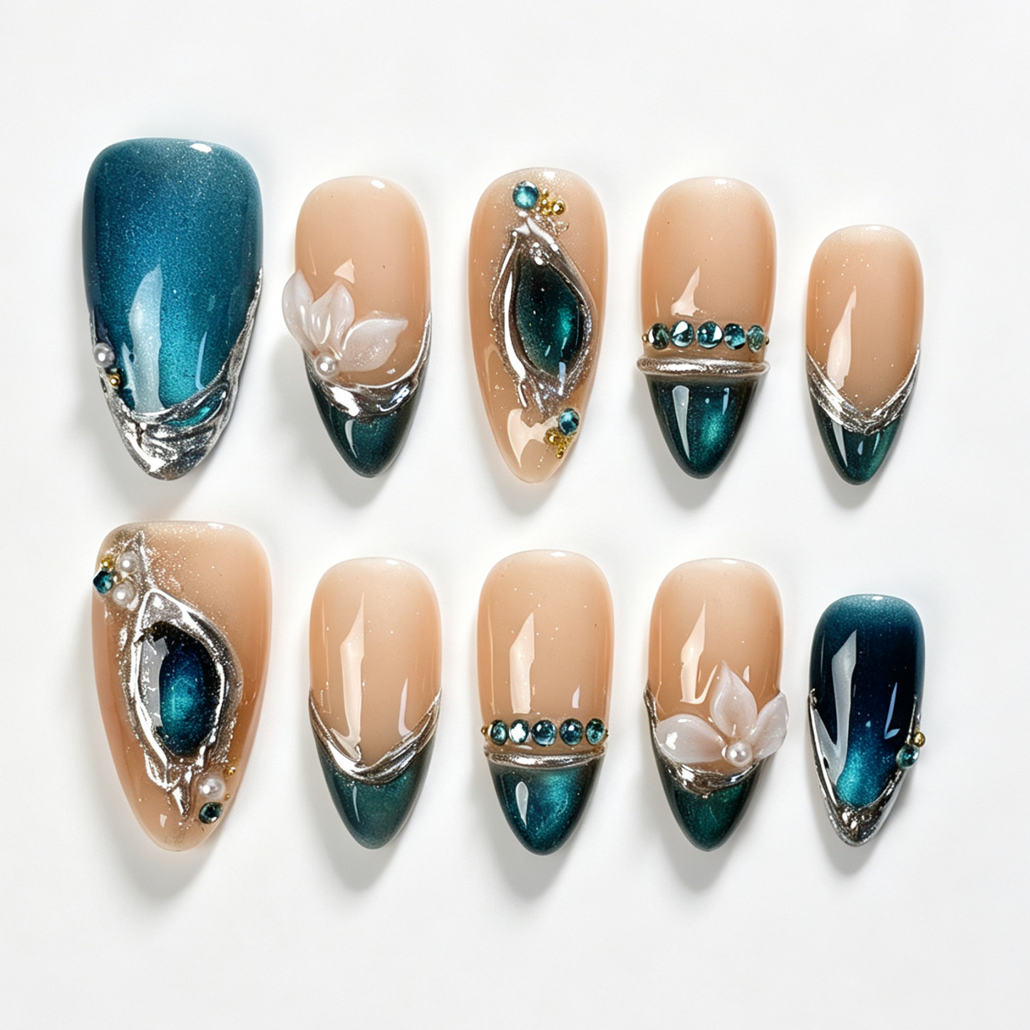 Jade Lotus Mirror medium almond press on nails, nude teal jade cat eye french tip, silver foil frame, white lotus flower, rhinestone and pearl decor