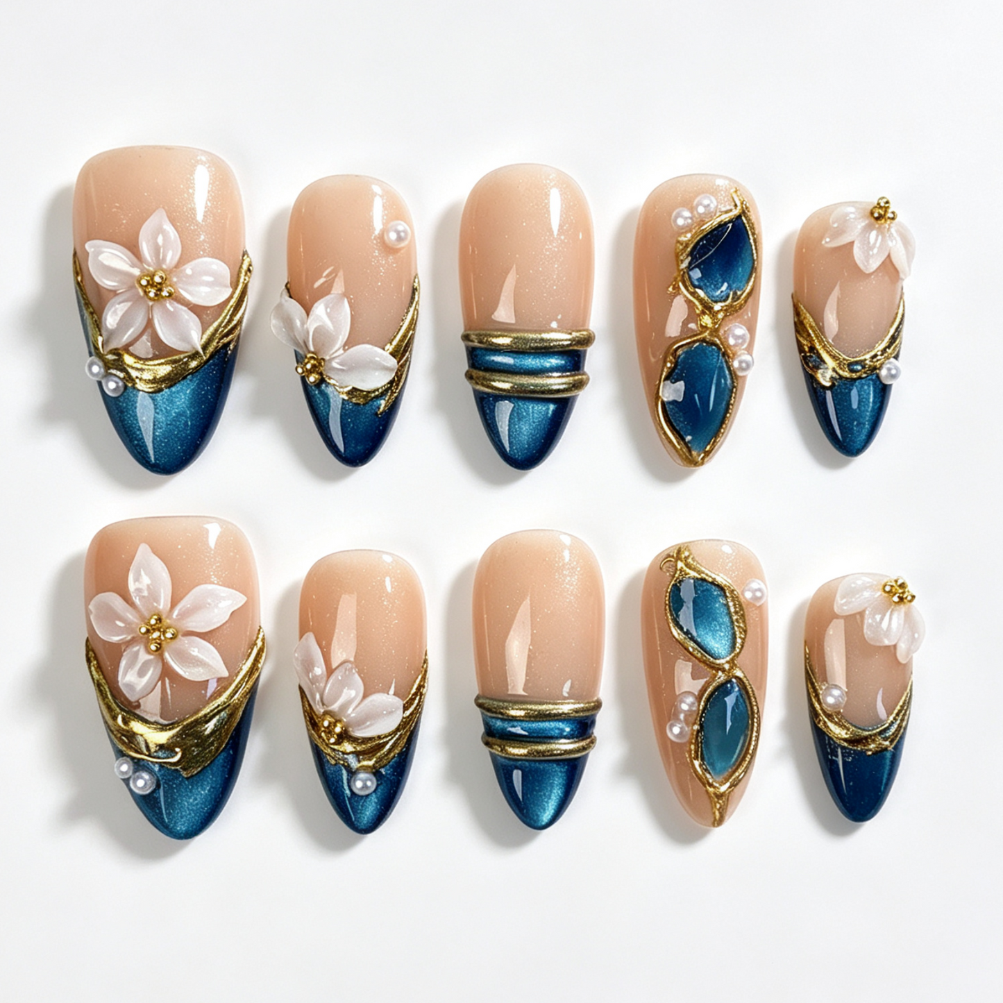 Teal Petal medium almond press on nails, nude teal cat eye french tip, hollow gilded frame, translucent white flower and pearl decor