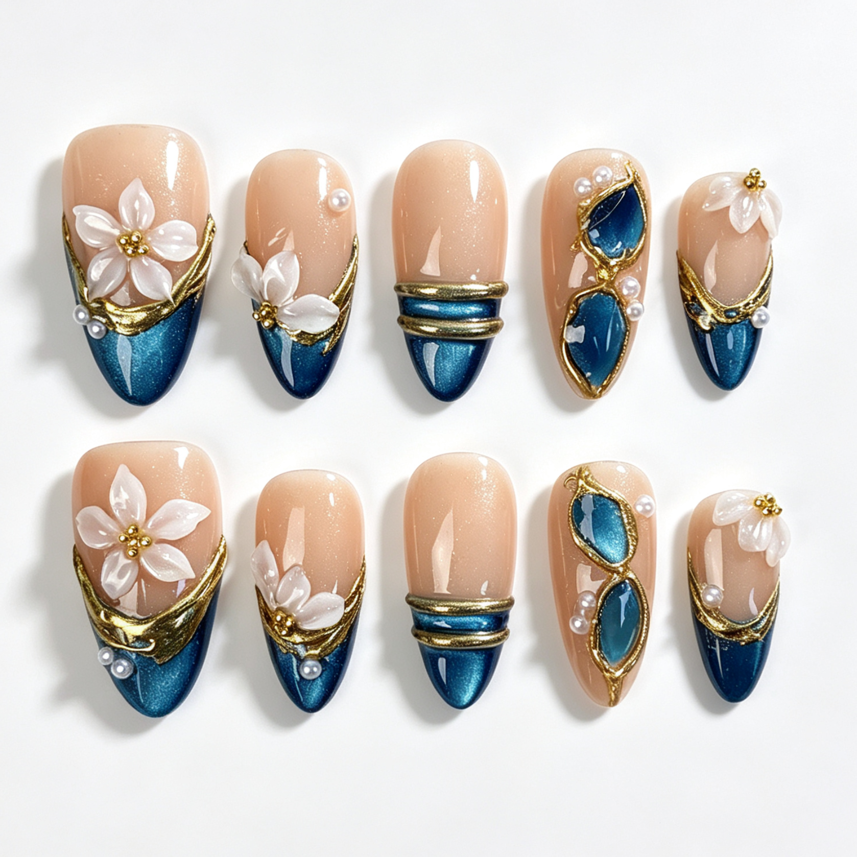 Teal Petal medium almond press on nails, nude teal cat eye french tip, hollow gilded frame, translucent white flower and pearl decor