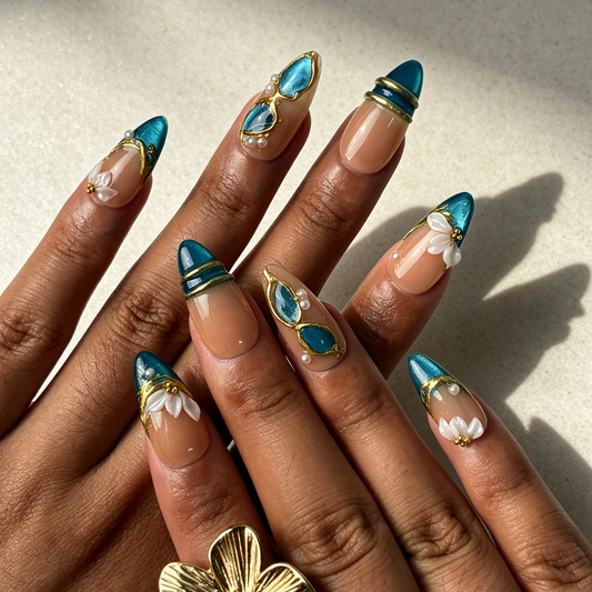 Teal Petal teal cat eye medium almond press on nails worn on hand, gilded white flower elegant oriental office nail art