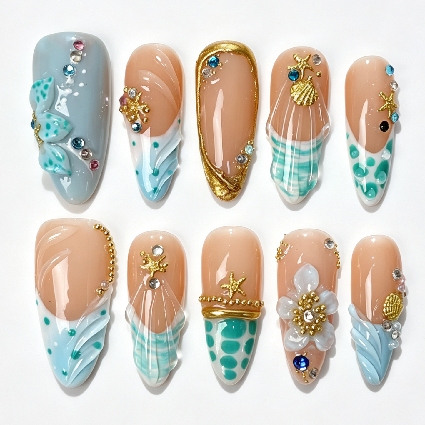 Tide Shell long almond press on nails, sheer nude ocean blue wave french tip, gold seashell, starfish, polka dot and colorful rhinestone decor