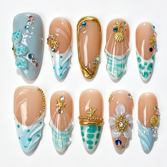 Long almond press on nails, ocean blue sea shell starfish rhinestone summer fake nails