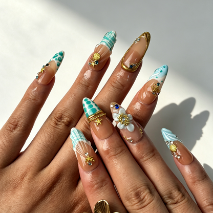 Tide Shell vacation wearable long almond false nails close-up, blue wave french tip sea element casual manicure