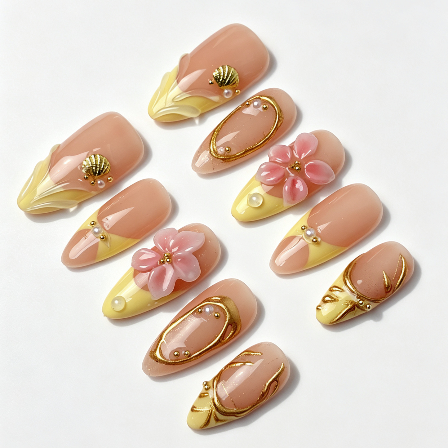 Butter Filigree spring fake nail set, peach nude butter yellow french tip, sculpted cherry flowers, embossed leaf and pearl embellishments