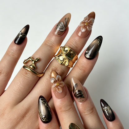 Vintage almond false press on nails, nude cat-eye gradient with gold butterfly & rhinestone