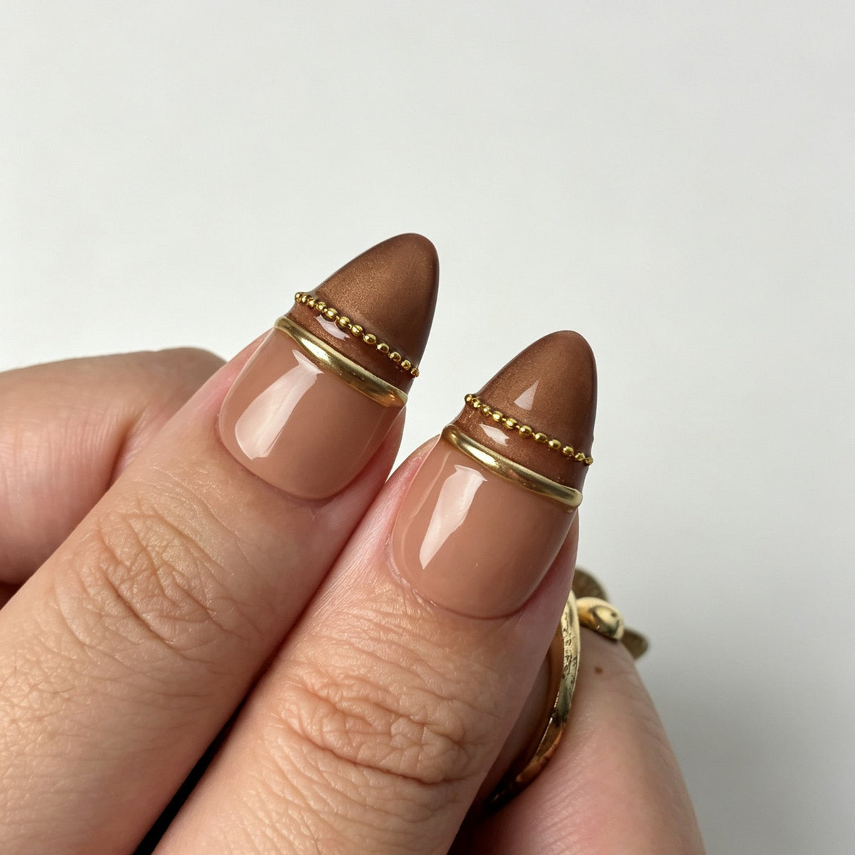 Elegant almond press on nails, nude base gold line butterfly rhinestone nail art