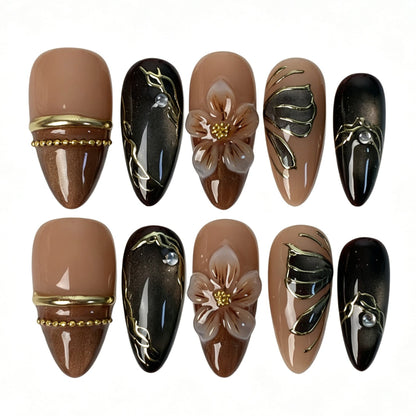 Handmade almond press on nails, nude brown cat eye 3D flower butterfly false nails for women