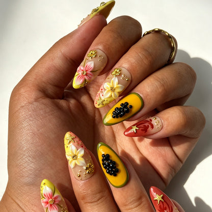 Island fresh tropical handmade almond press‑on nails real hand beach wear shot