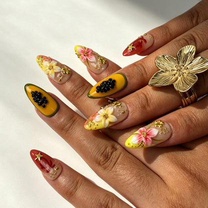 Papaya gradient 3D flower starfish press‑on nails close‑up tropical detail