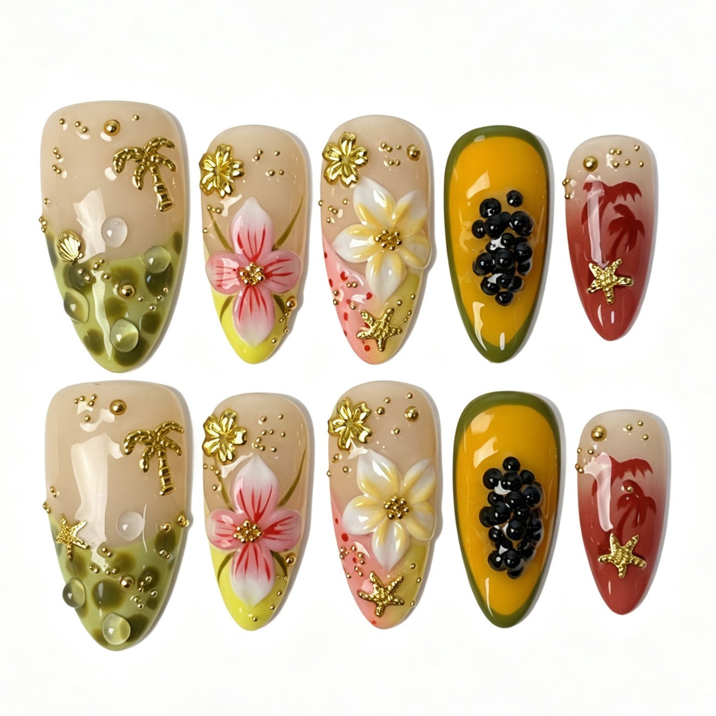 Island fresh tropical almond press‑on nails papaya gradient 3D pink flower palm tree starfish gold foil summer manicure