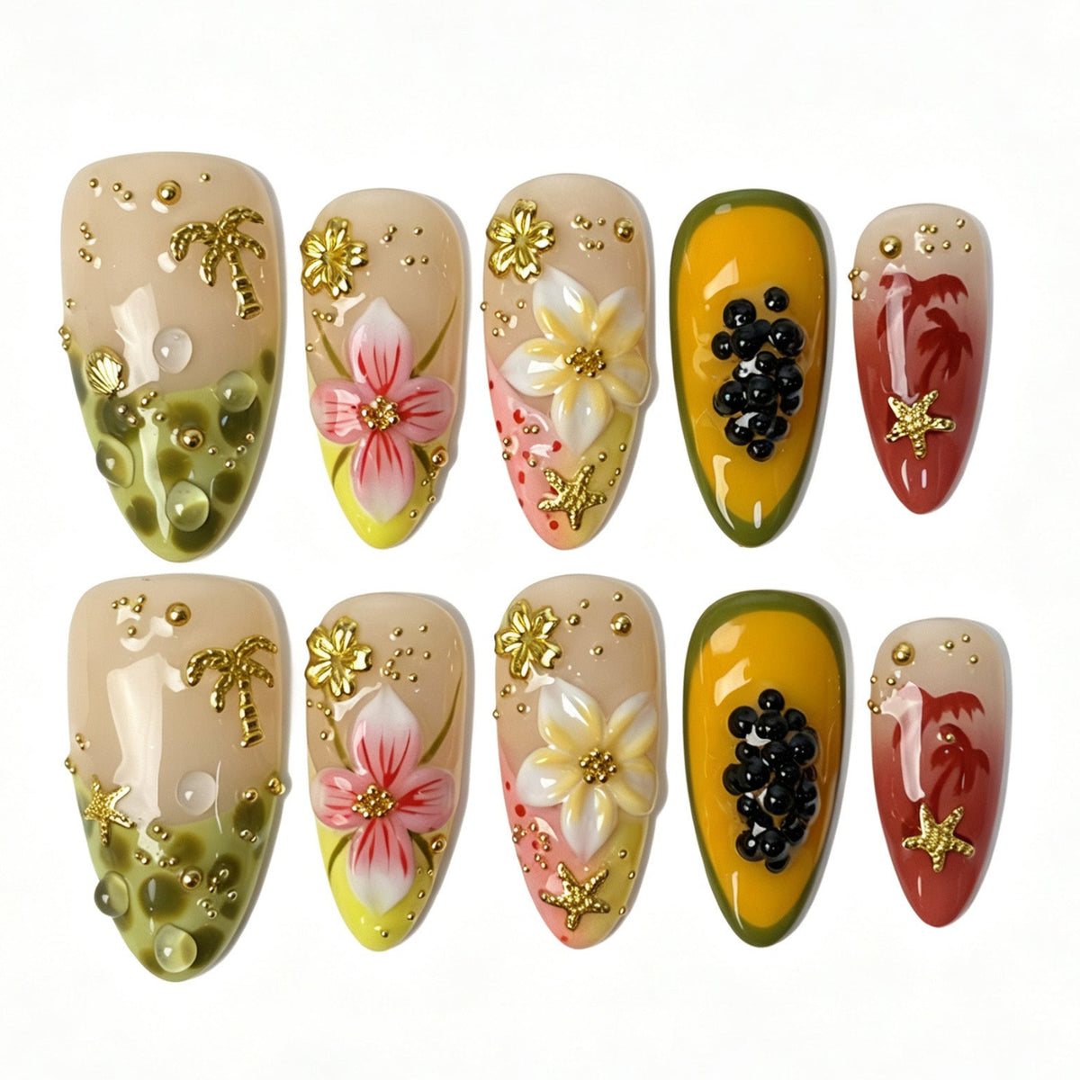 Island fresh tropical almond press‑on nails papaya gradient 3D pink flower palm tree starfish gold foil summer manicure