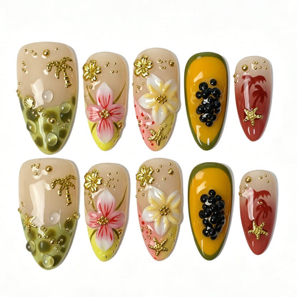Island fresh tropical almond press‑on nails papaya gradient 3D pink flower palm tree starfish gold foil summer manicure
