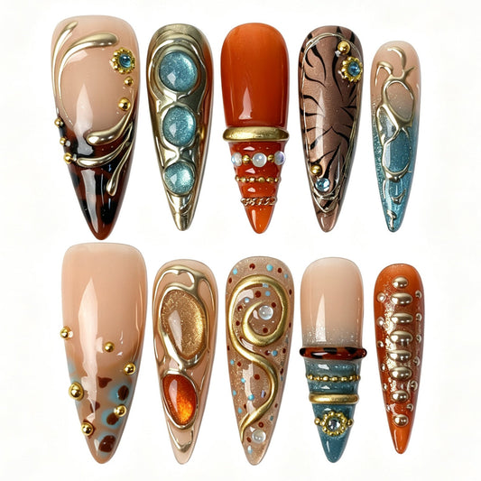 Maillard Gilt retro tortoiseshell stiletto press‑on nails fall gold manicure