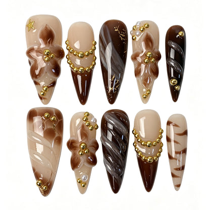 Mocha Bloom stiletto press‑on nails set, coffee brown marble 3D flower gold bead chain vintage handmade false nails