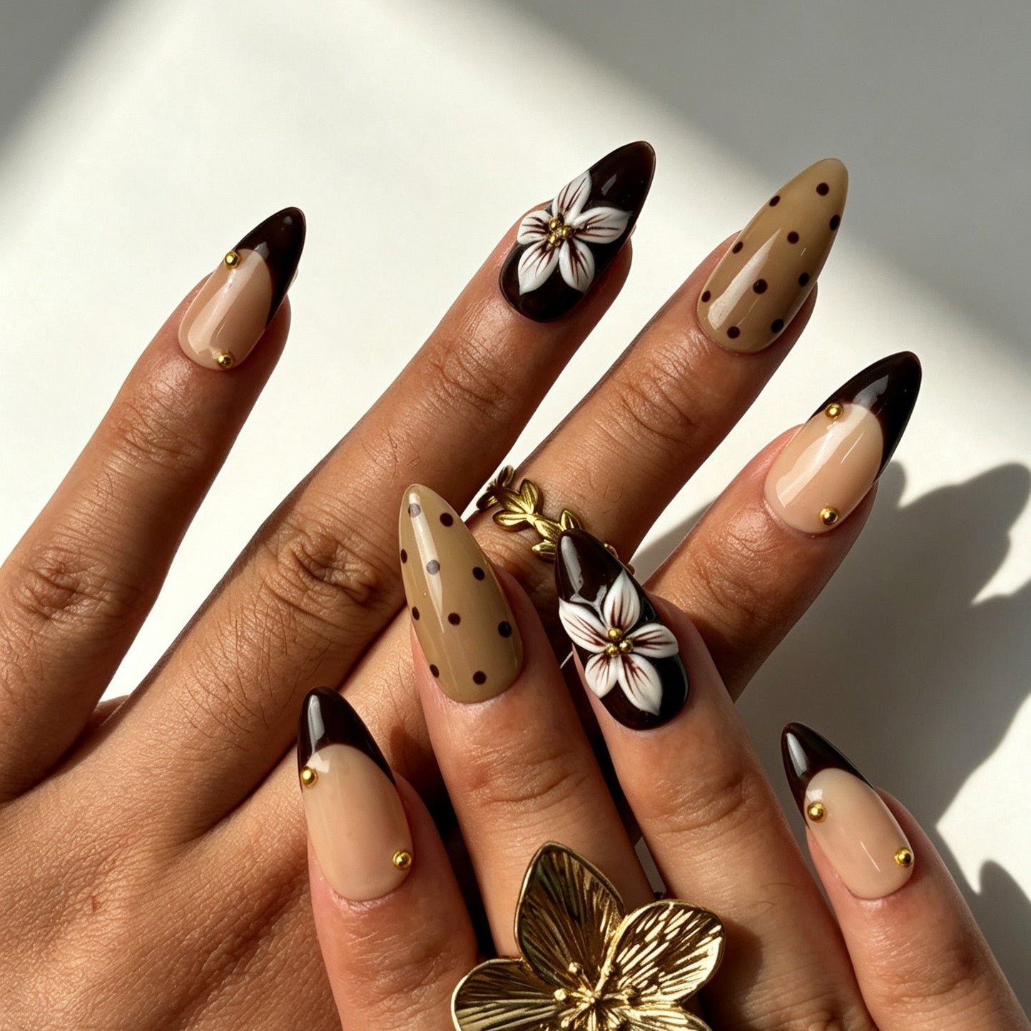 Hand‑painted floral mocha‑brown press‑on nails, polka dot ombre almond reusable false nails