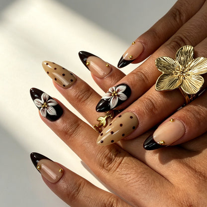 Mocha dot elegant press‑on nails, medium almond mocha nude false nails for daily commuting and dates