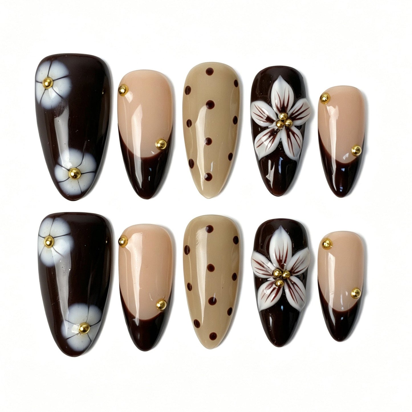 Mocha chocolate brown almond press on nails, polka dot ombre fake nails with hand‑painted flower and gold bead
